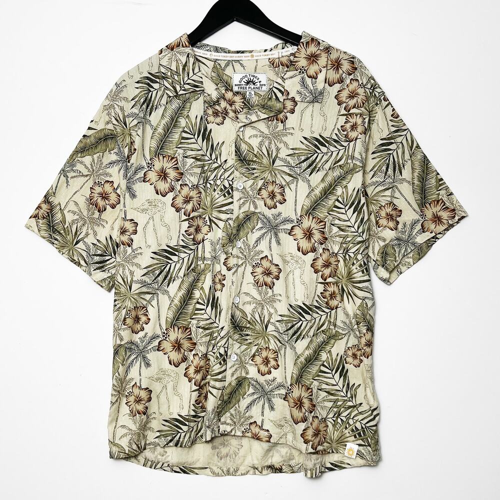 Free Planet Hawaiian Shirt XL Beige Tropical Floral Rayon Camp Aloha Button Up